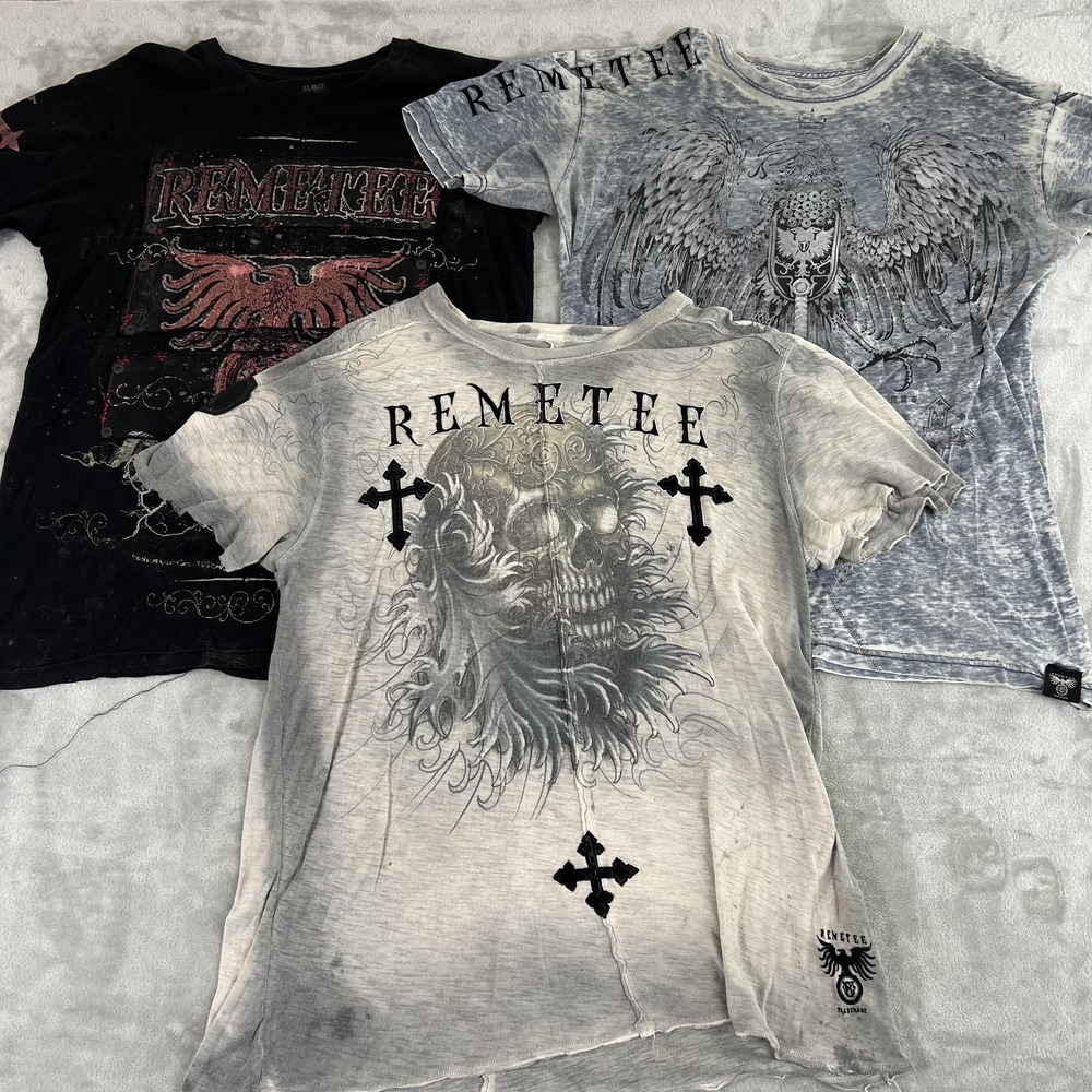 Remetee Shirt Lot of 3 Mens XL Multicolor Skull Cross Angel Graphic Gothic Tees